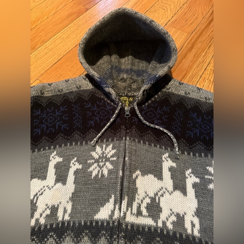 Tejidos Ruminahui Sweater Sz 8 Gray Full Zip Jacket Alpaca & Sun Print Hooded - Picture 5 of 12